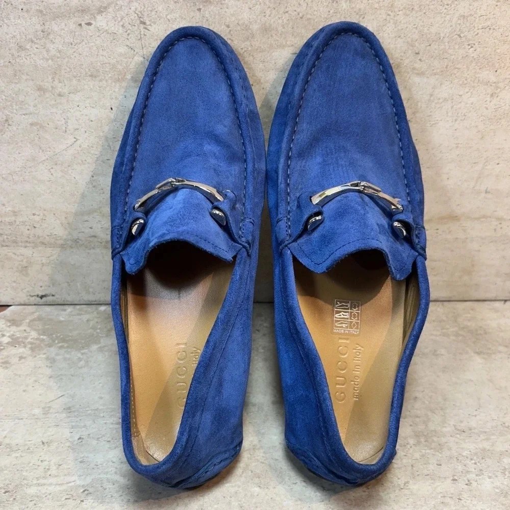 Gucci Mens Blue Suede Horsebit Driving Loafers Size 8  Made in Italy Cobalt Blue